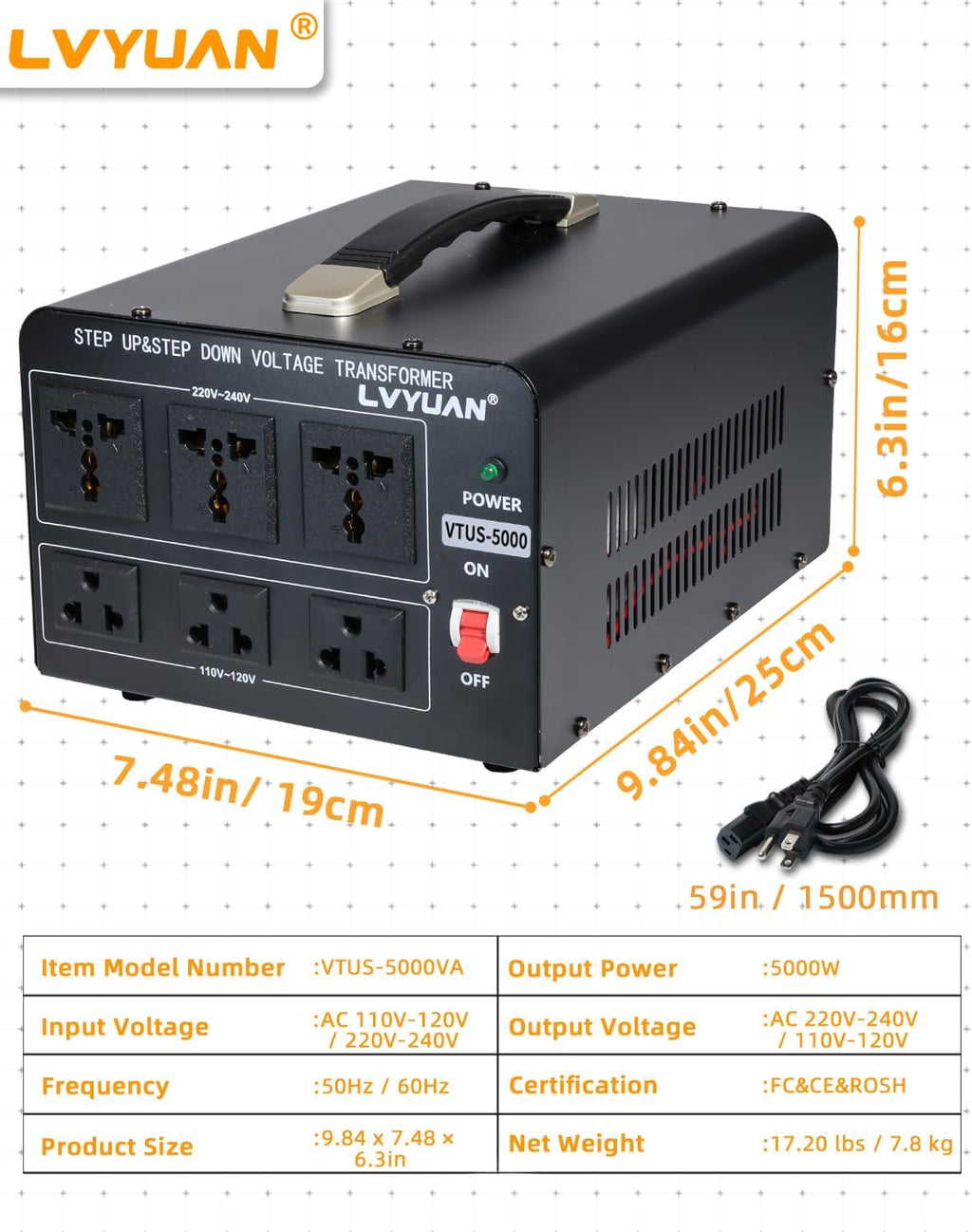 LVYUAN 5000 Watt Voltage Converter Transformer Heavy Duty Step Up/Down AC 110V/120V/220V/240V Power Converter with 3 US Outlets, 3 Universal Outlets, Resettable Circuit Breaker Protection