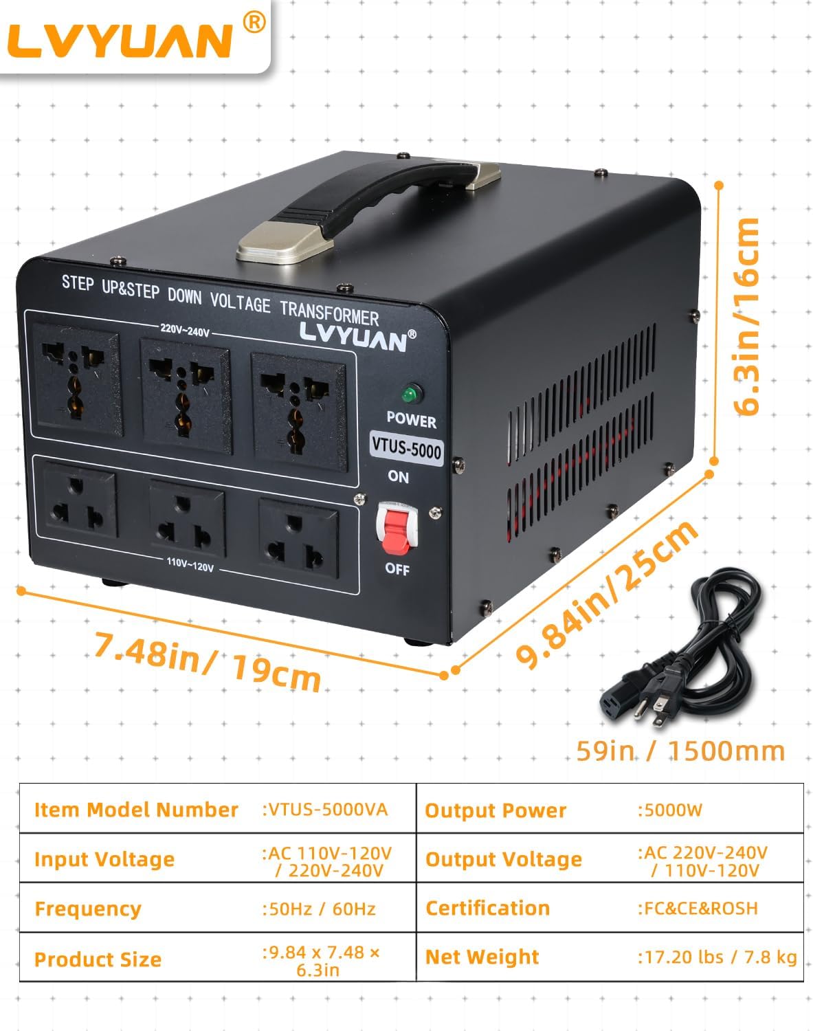 LVYUAN 5000 Watt Voltage Converter Transformer Heavy Duty Step Up/Down AC 110V/120V/220V/240V Power Converter with 3 US Outlets, 3 Universal Outlets, Resettable Circuit Breaker Protection