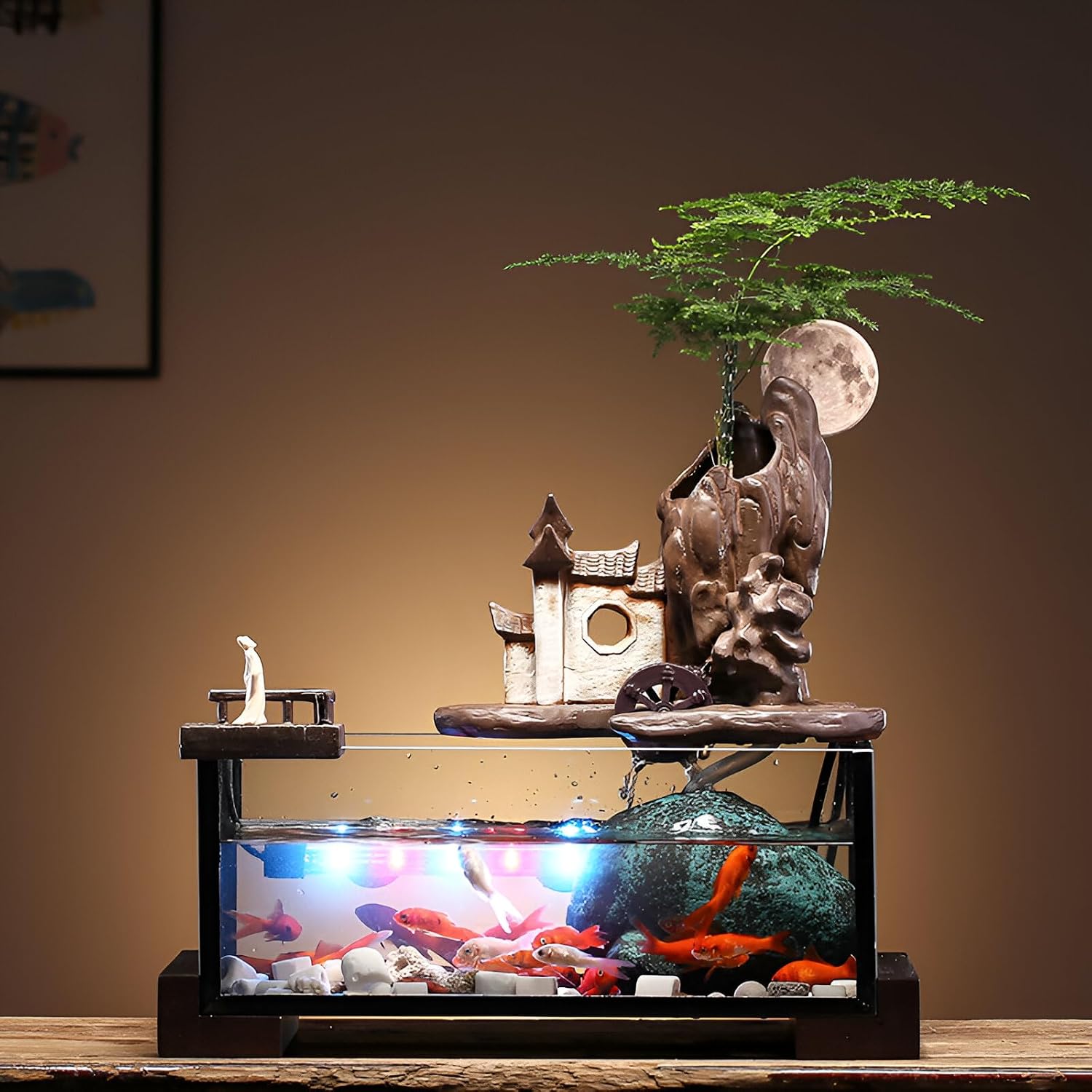 Desktop Ceramic Water Fountain Fish Tank - Adjustable Water Flow with LED Lights | Indoor Decoration Fortune Gifts+15 PCS Free Crystals (Style 4)