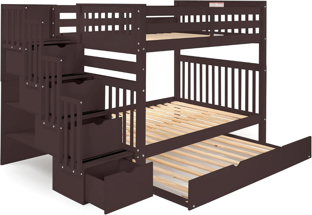 Bedz King Stairway Bunk Beds Full Over Full, 4 Step Drawers, Twin Trundle, Dark Cherry