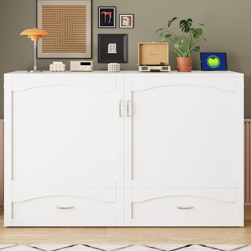 Merax Queen Size Murphy Bed Wall Bed with Drawer and a Set of Sockets & USB Ports, Pulley Structure Design, White
