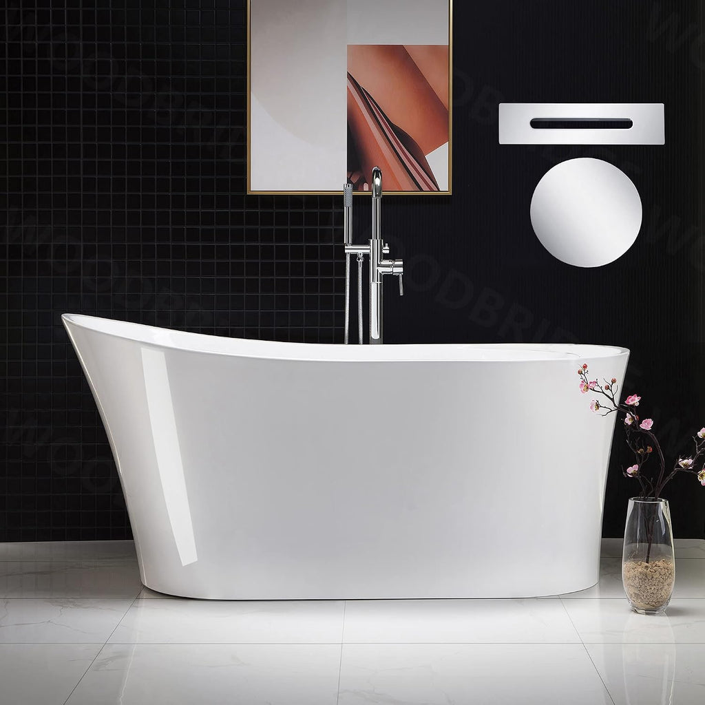 WOODBRIDGE 59' Acrylic Freestanding Bathtub Contemporary Soaking White Tub with Chrome Overflow and Drain，B0083-C-Drain&O