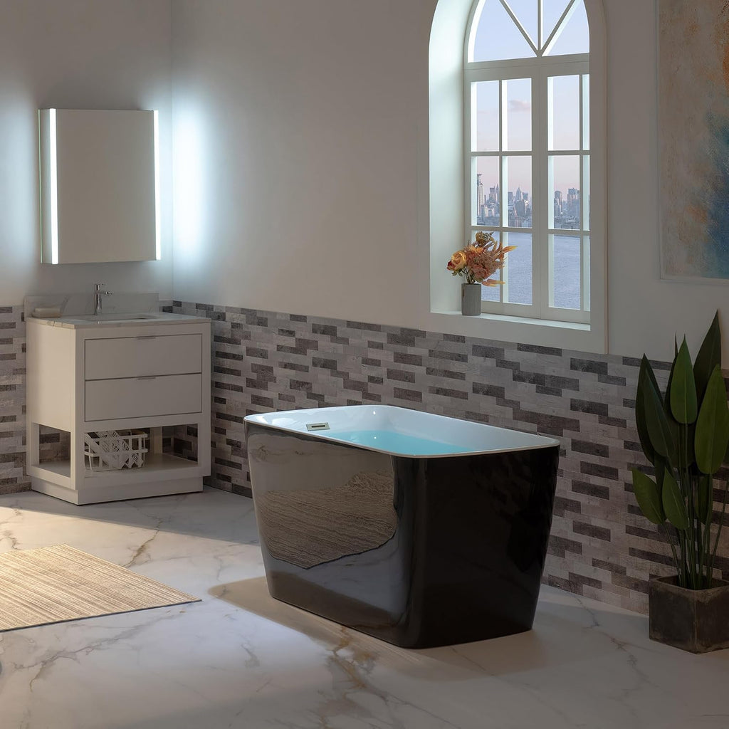 WOODBRIDGE 48' Acrylic Freestanding Square Shape Janpanese Soaking Tub with Pre-molded Seat and Brushed Nickel Pop-UP Drain and Overflow Option, Black, B1870