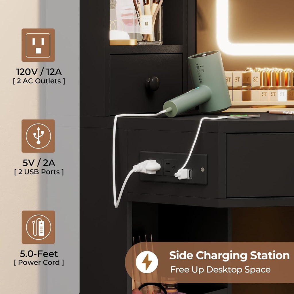 HAUOMS Vanity Desk with Mirror Lights, Storage Bench & Power Outlet, Corner Vanities with Rotating Cabinet & Drawers, 3 Light Settings Vanity Set, for Women Girls, Black