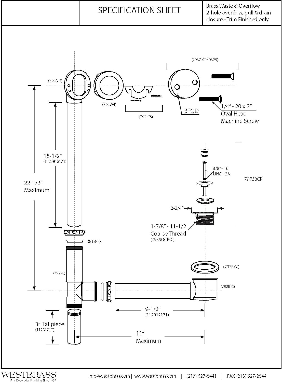 Westbrass A3264-12 22-1/2' Brass Bath Waste & Overflow Assembly with Pull Drain Plug and 2-Hole Faceplate, Oil Rubbed Bronze