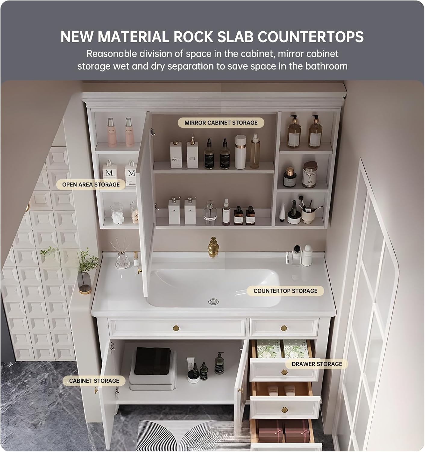 36' Freestanding Bathroom Vanity With Sink,Pure White Ceramic Countertops & Open Mirror Cabinet,2 Soft Closing Doors and 4 dovetail Drawers Bathroom Cabinet/Simple and Light Luxury Style,White