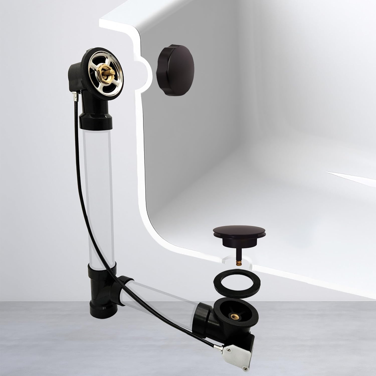 Westbrass A50A35-12 35' SCH. 40 ABS Cable Driven Bath Drain Trim Kit with Rotary Overflow Cover Knob and Pop-Up Stopper, Oil Rubbed Bronze