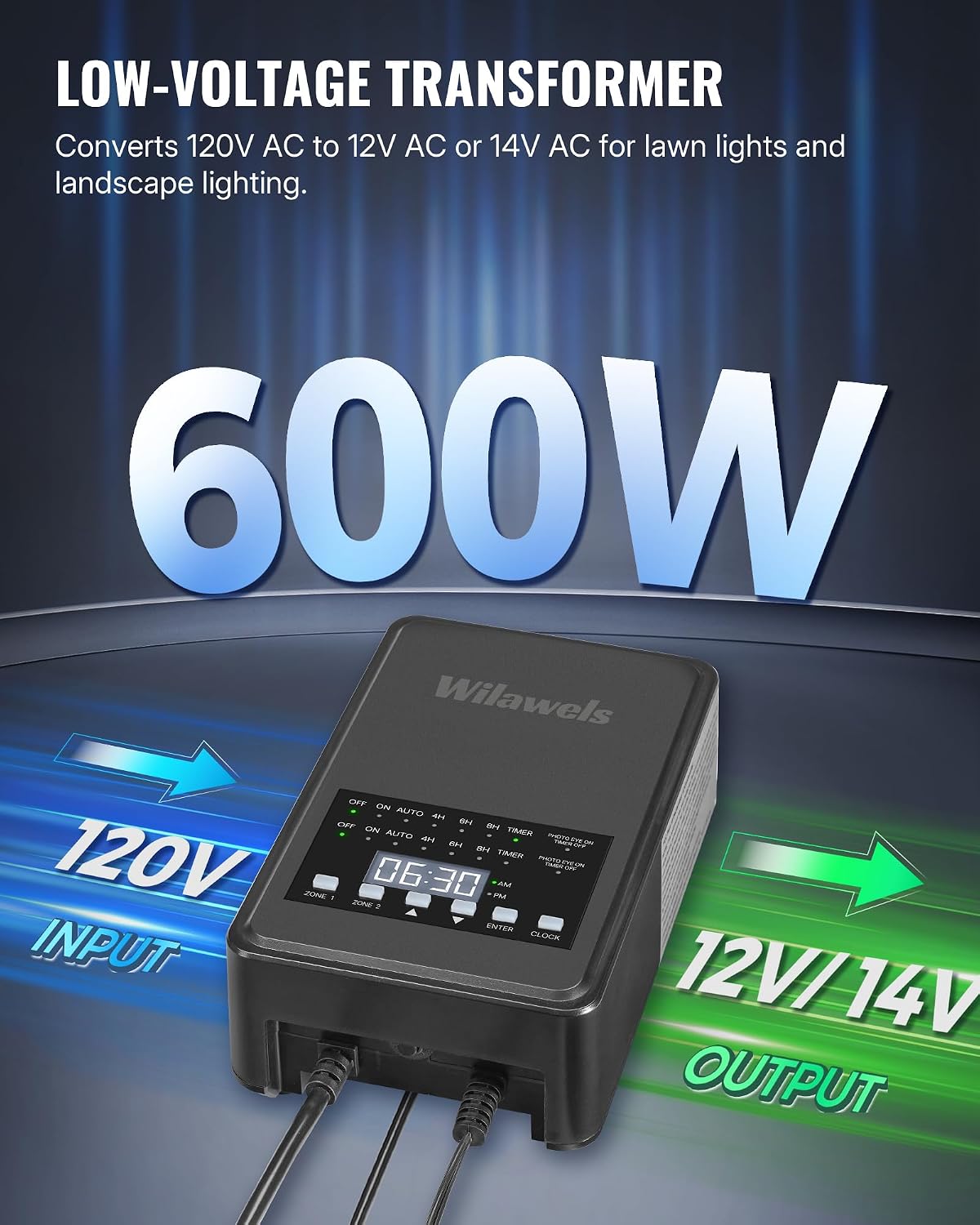 600W Low Voltage Landscape Transformer, 2 Zone Independent Control 120VAC to 12/14V AC Low Voltage Transformer, Landscape Lighting Transformer with Timer & Photocell Sensor ETL Listed D20LT06