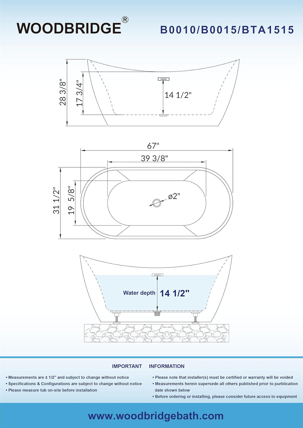 WOODBRIDGE 67' Acrylic Freestanding Bathtub Contemporary Soaking White Tub with Oil Rubbed Bronze Overflow and Drain,B0010-ORB