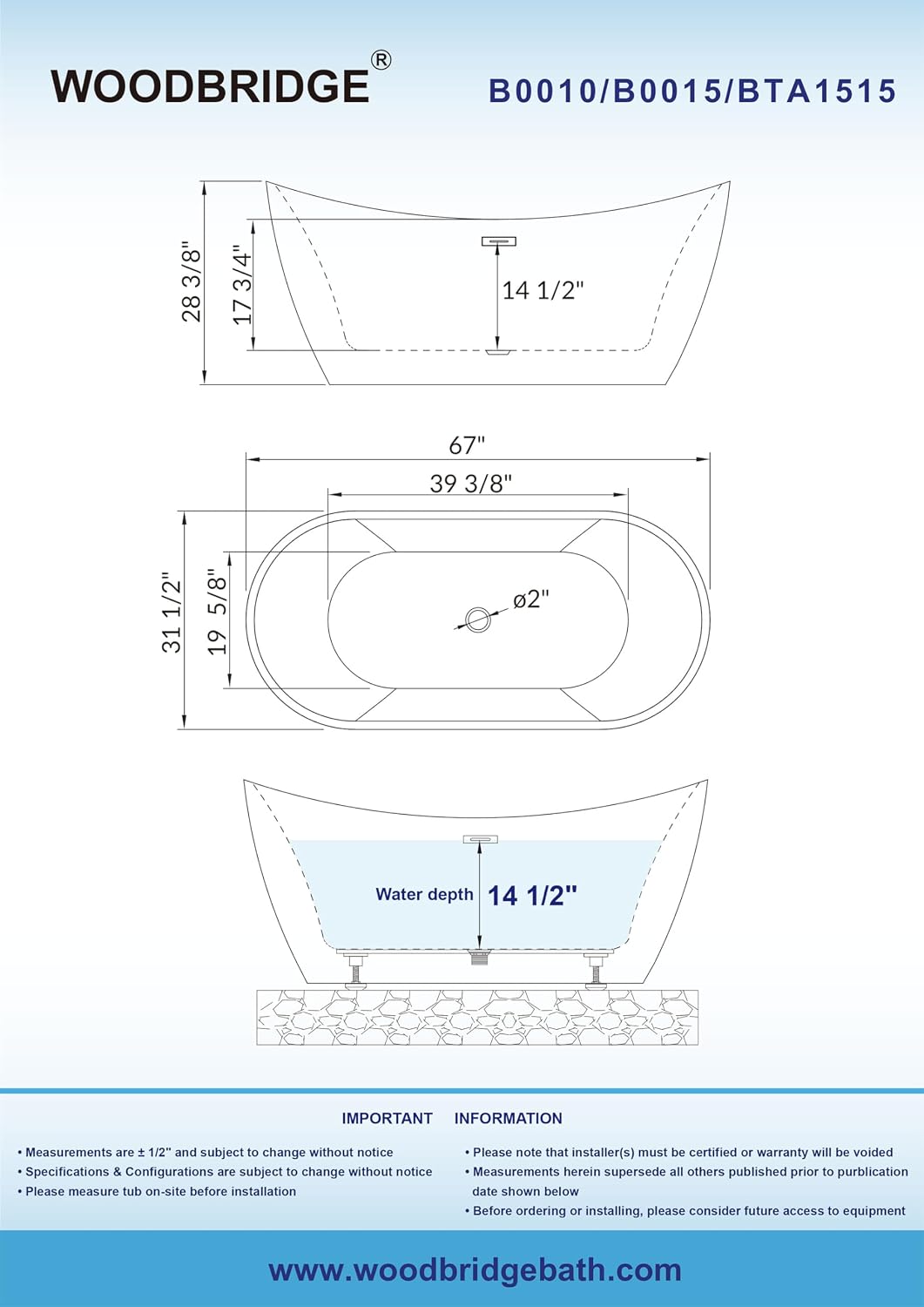 WOODBRIDGE 67' Acrylic Freestanding Bathtub Contemporary Soaking White Tub with Oil Rubbed Bronze Overflow and Drain,B0010-ORB