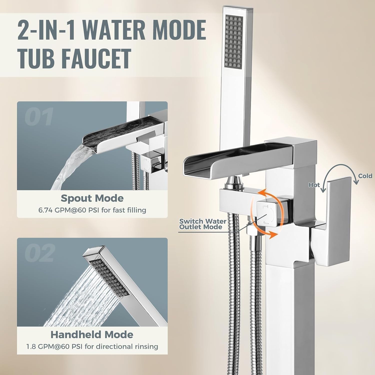 Free Standing Tub Faucet Chrome: ALEASHA High Flow Max 6.74 GPM Free Standing Tub Filler - Brass Modern Floor Mount Bathtub Faucet with Handheld Shower, for the Ultimate Elegant SPA Experience