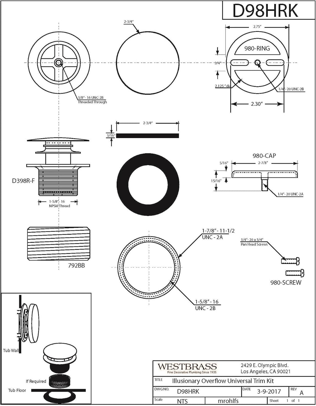 Westbrass A98HRK-20 Universal Fine or Coarse Thread Tip-Toe Bathtub Drain Trim with Illusionary No-Hole Faceplate and Adaptor Bushing, Stainless Steel