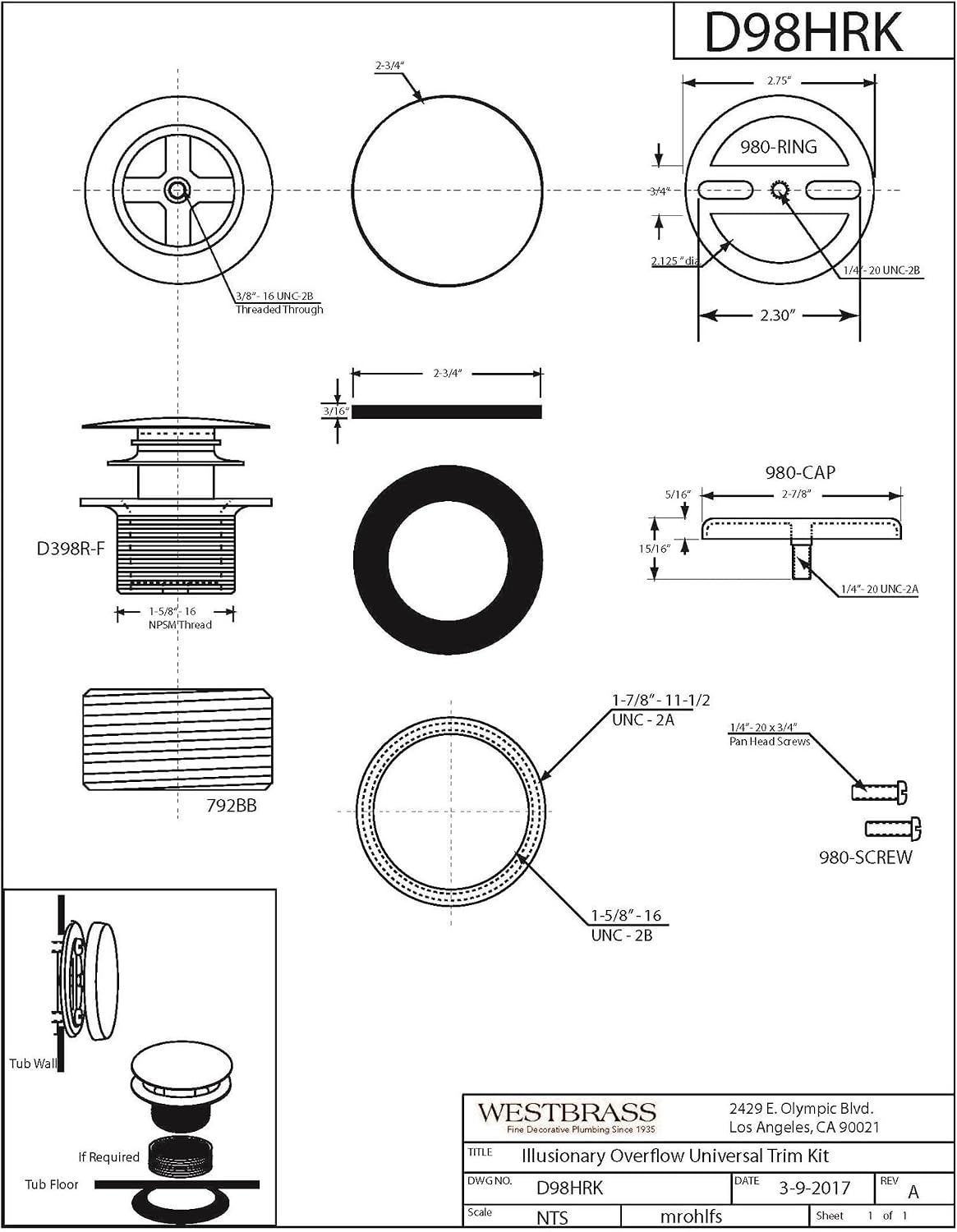 Westbrass A98HRK-20 Universal Fine or Coarse Thread Tip-Toe Bathtub Drain Trim with Illusionary No-Hole Faceplate and Adaptor Bushing, Stainless Steel