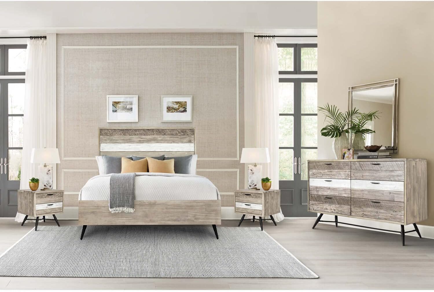 Armen Living Bridges 4 Piece Queen Bedroom Set in Two-Tone Acacia Wood, Natural