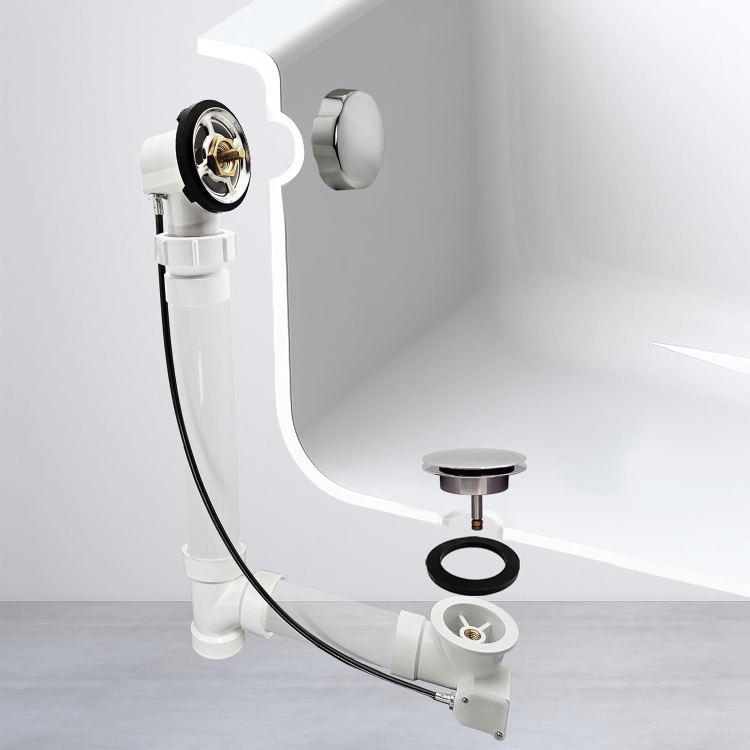 Westbrass D50P27BJ-05 27' Cable Drive Standard Bath Drain Trim Kit with Rotary Overflow Cover Knob on a Ball Joint Elbow, Pop-Up Stopper and Sch. 40 PVC Fittings, Polished Nickel