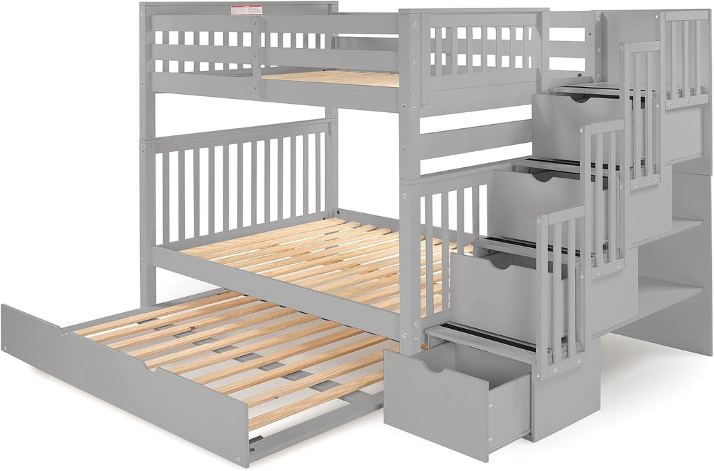 Bedz King Stairway Bunk Beds Full Over Full, 4 Step Drawers, Full Trundle, Gray