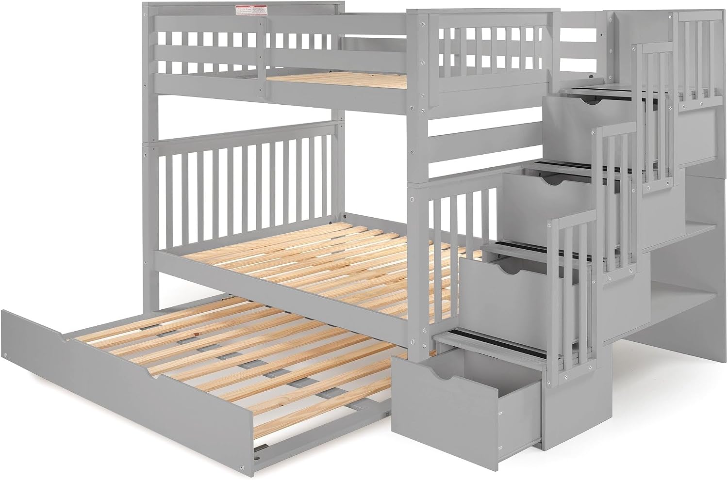 Bedz King Stairway Bunk Beds Full Over Full, 4 Step Drawers, Full Trundle, Gray