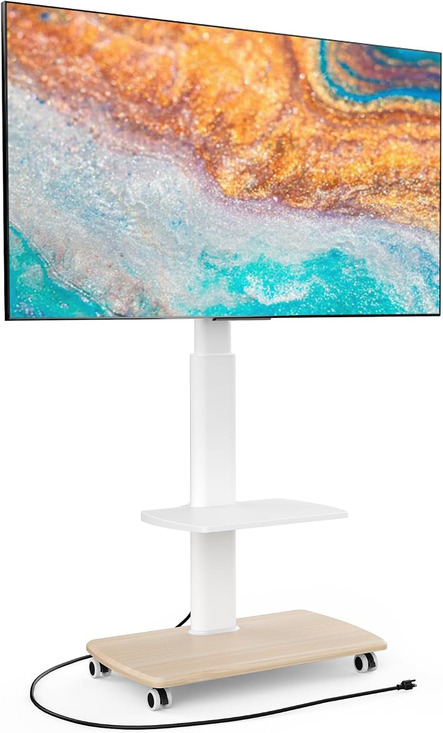 FITUEYES Rolling TV Stand with Power Outlets, Swivel Portable TV Stand for 32-70 Inch LCD LED OLED Flat/Curved Panel Screen TVs, Height Adjustable&Wood Base, Mobile TV Cart with Shelf