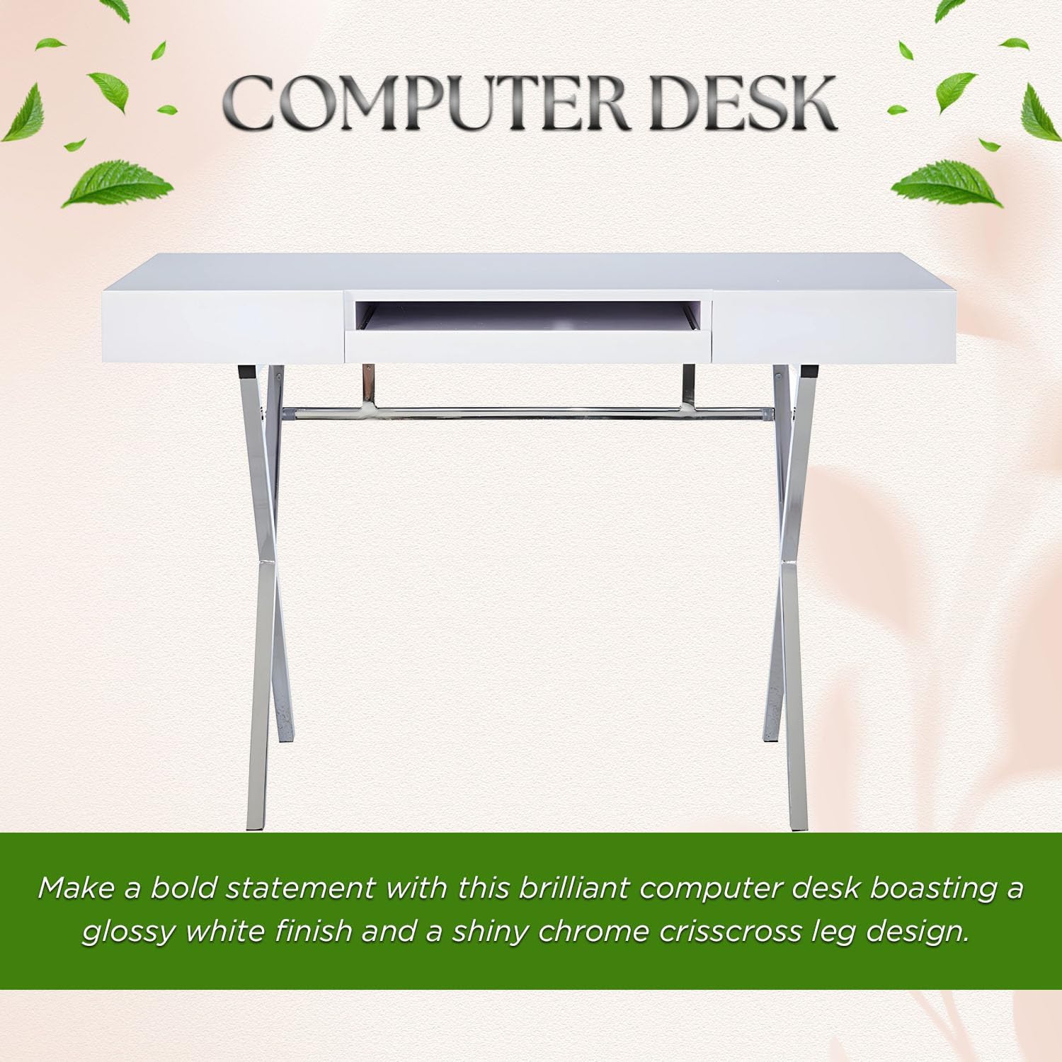 Kings Brand Furniture Contemporary Style Home & Office Desk, White/Chrome