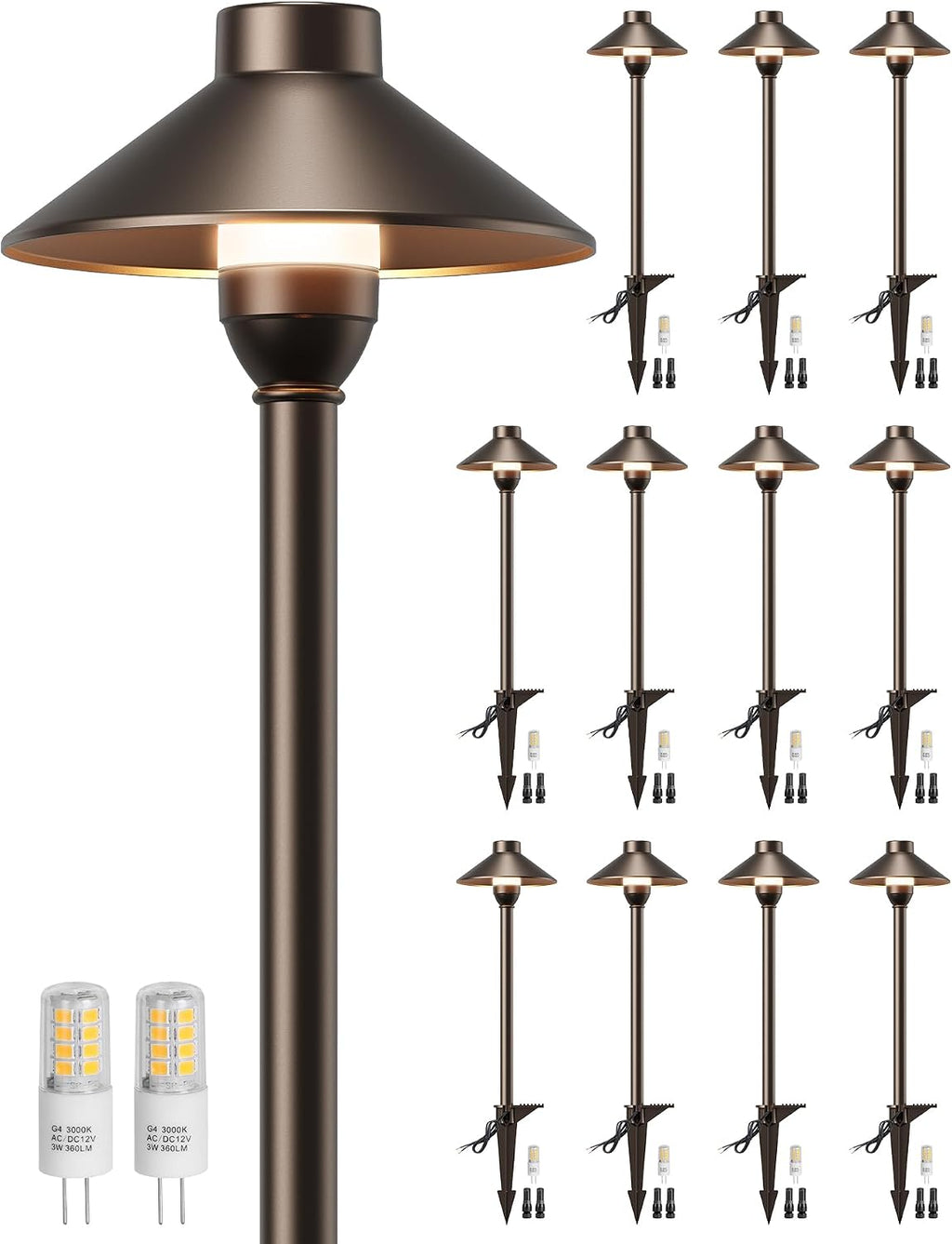 PARTPHONER Low Voltage Landscape Lighting 12-Pack, Aluminum 12V Pathway Lights with G4 Bulbs, Waterproof Oil Rubbed Bronze Color Wired Path Lights with Connectors for Walkway Yard Garden