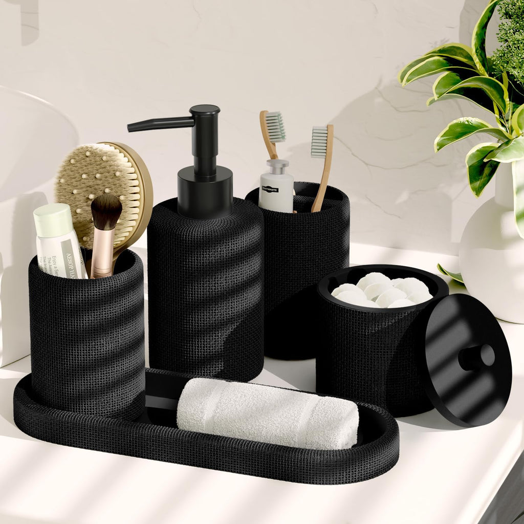 Hearth & Harbor Bathroom Set - Black Bathroom Accessories Set, 19PC Bathroom Accessory Set, Bathroom Sets with Shower Curtain Set, Soap Dispenser & Toothbrush Holder