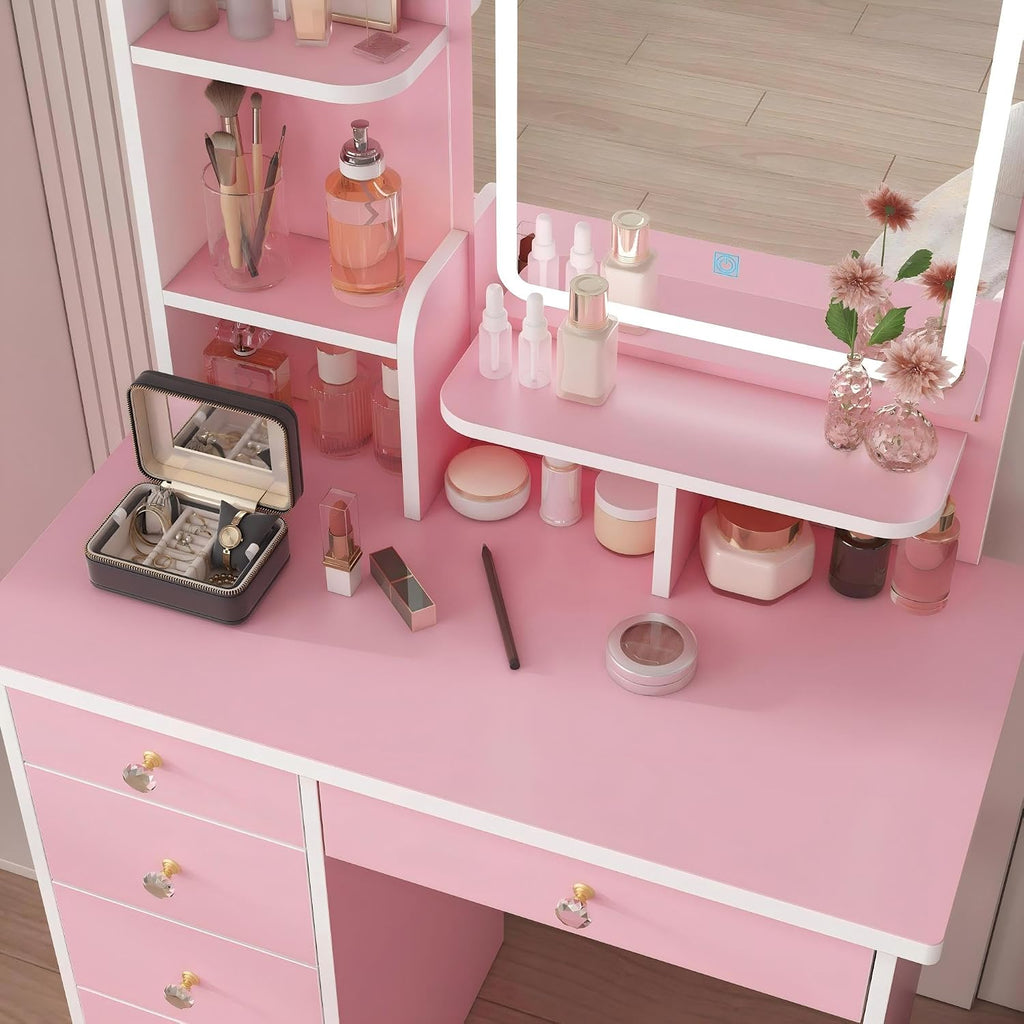 FUFU&GAGA Vanity Set with Rectangular Mirror & Lights, Makeup Vanity Dressing Table with 5 Drawers, Shelves, Dresser Desk and Cushioned Stool Set (Pink/Lighted Mirror)