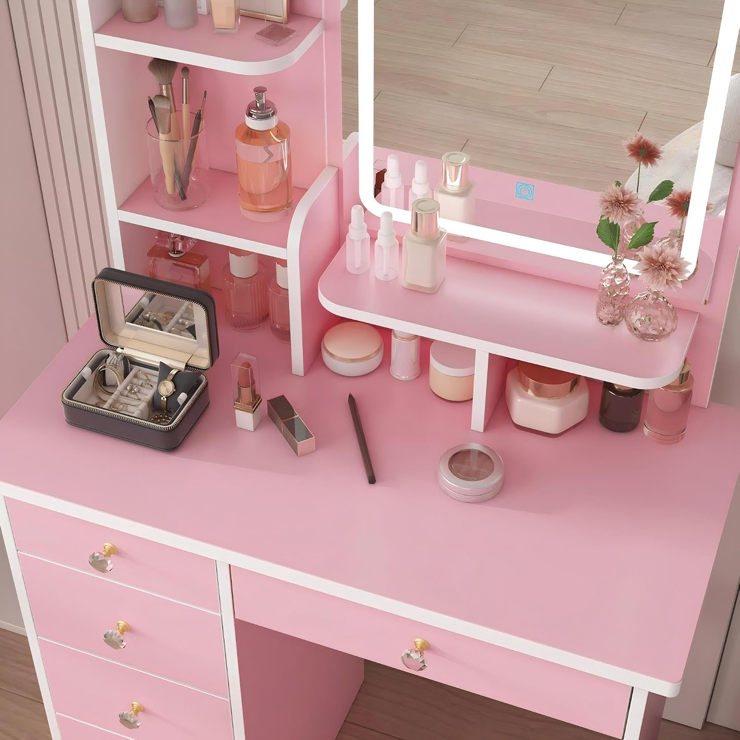 FUFU&GAGA Vanity Set with Rectangular Mirror & Lights, Makeup Vanity Dressing Table with 5 Drawers, Shelves, Dresser Desk and Cushioned Stool Set (Pink/Lighted Mirror)