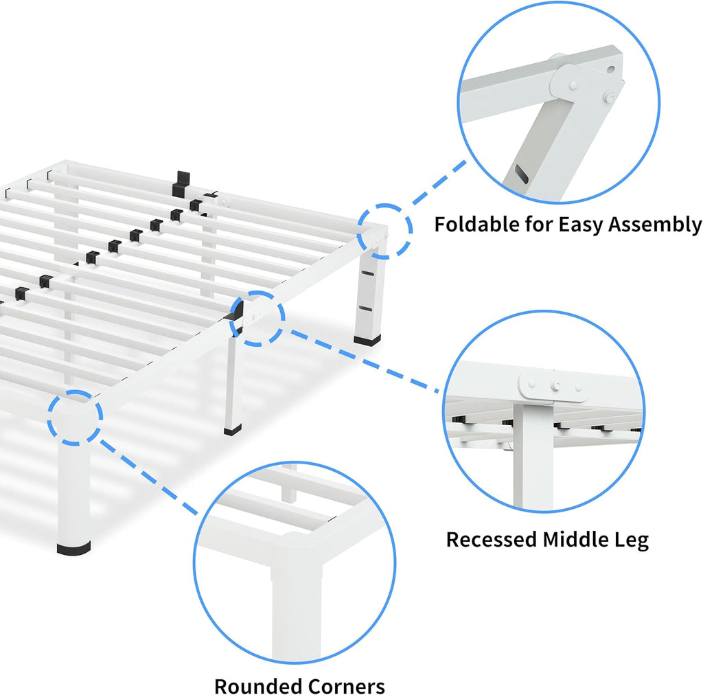 VIPSHOW 18 Inch King Size White Bed Frame, 3500Lbs Heavy Duty Metal Platform with Round Corner Legs Mattress Slide Stopper, Steel Slat Support No Box Spring Needed, Noise Free, Non-Slip, Easy Assembly