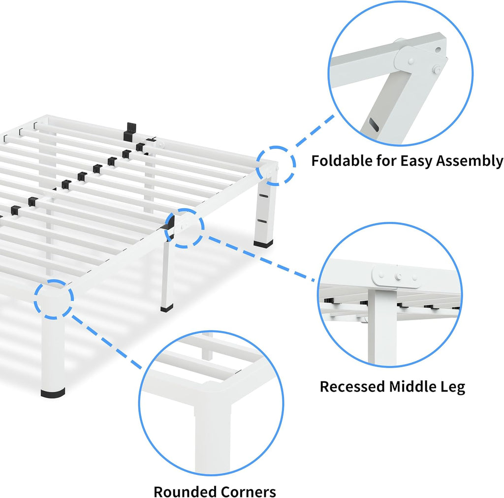 VIPSHOW 18 Inch Full Size White Bed Frame, 3500Lbs Heavy Duty Metal Platform with Round Corner Legs Mattress Slide Stopper, Steel Slat Support No Box Spring Needed, Noise Free, Non-Slip, Easy Assembly