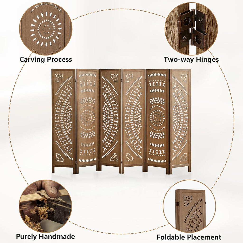 Room Dividers and Folding Privacy Screens, Boho 6 Panel Room Divider, 67' Room Divider Wall, Modern Room Partition, Privacy Dividers for Rooms, Bedroom, Office, Brown
