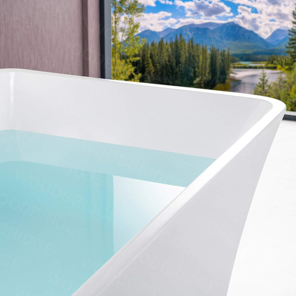 WOODBRIDGE 67' Acrylic Freestanding Bathtub Contemporary Soaking White Tub with Brushed Nickel Overflow and Drain，BTA1609-BN-Drain &O