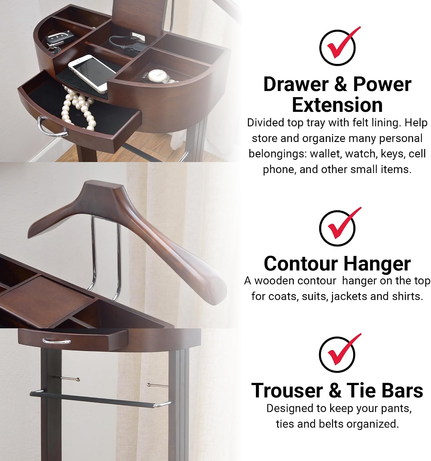 Proman Products - Crescent Moon Valet, Mens Valet Stand with Drawer, Top Tray, Contour Hanger, Trouser Bar, Belt Hooks & Shoe Rack, Accessory & Clothes Organizer (Mahogany)