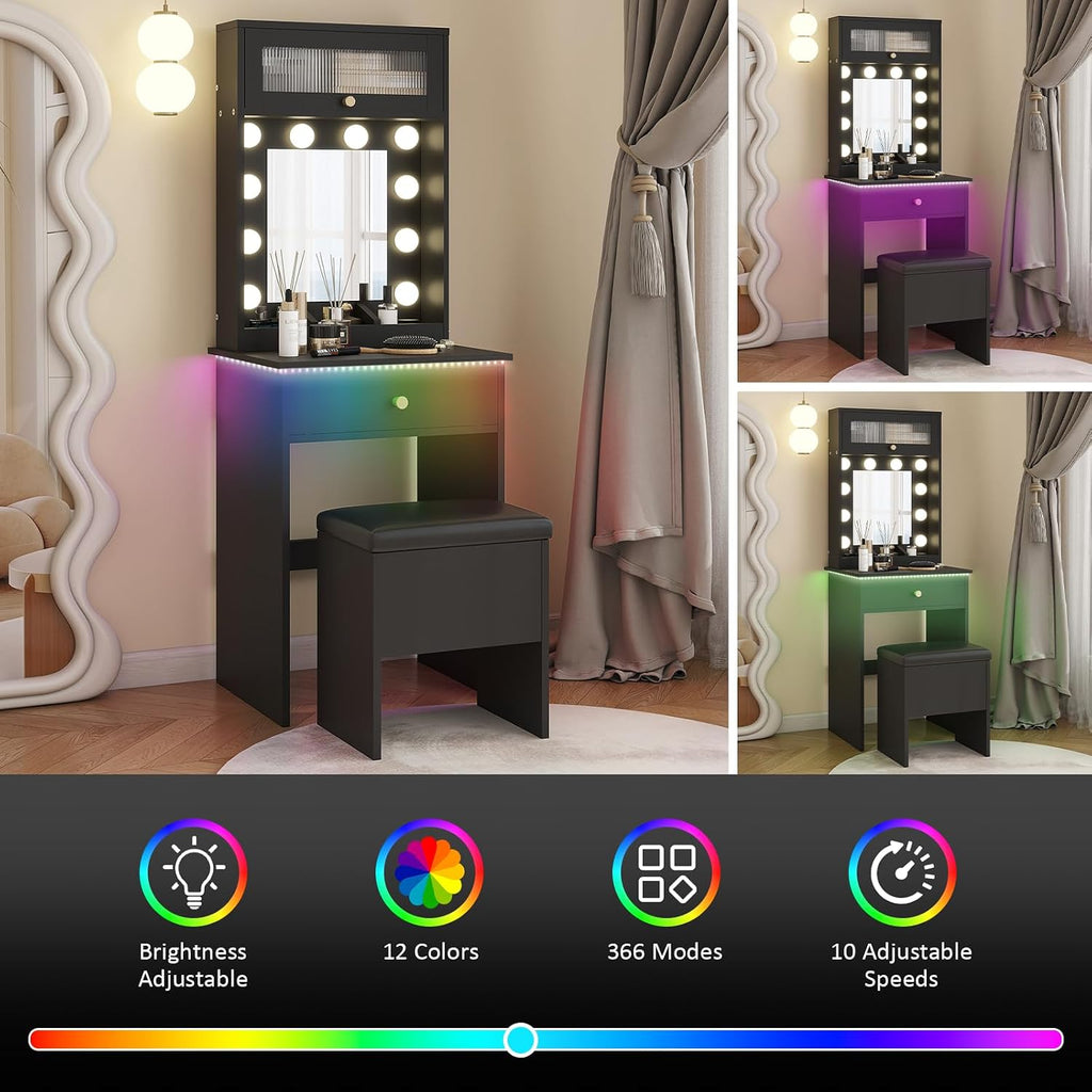 ARTETHYS Small Vanity Desk with Mirror and Lights Black Small Makeup Vanity with Storage Chair Mini Makeup Table Set for Bedroom Compact Dressing Table with RGB Lights for Tiny Space