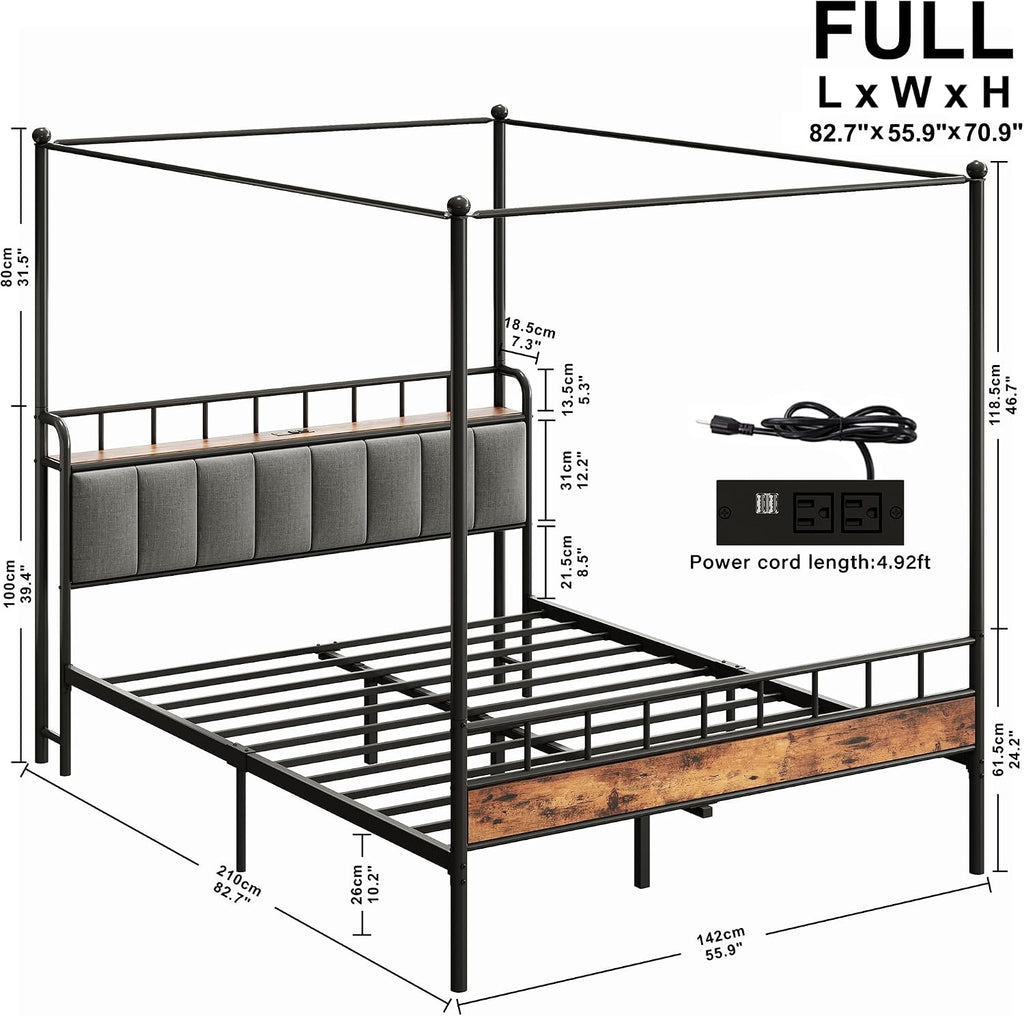 LIKIMIO Canopy Bed Frame Full, Storage Headboard with Charging Station, Platform Bed with 4 Removable Sturdy Posts, Noise Free, No Box Spring Needed, Vintage Brown