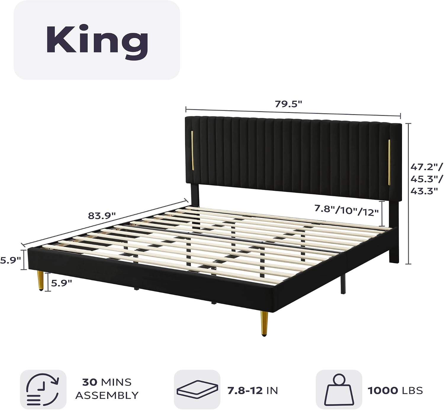 Furnify King Platform Bed Frame, Velvet Upholstered Bedframe with Vertical Channel Adjustable Headboard, Golden Plating Trim, Mattress Foundation with Wooden Slats, No Box Spring Needed, Black