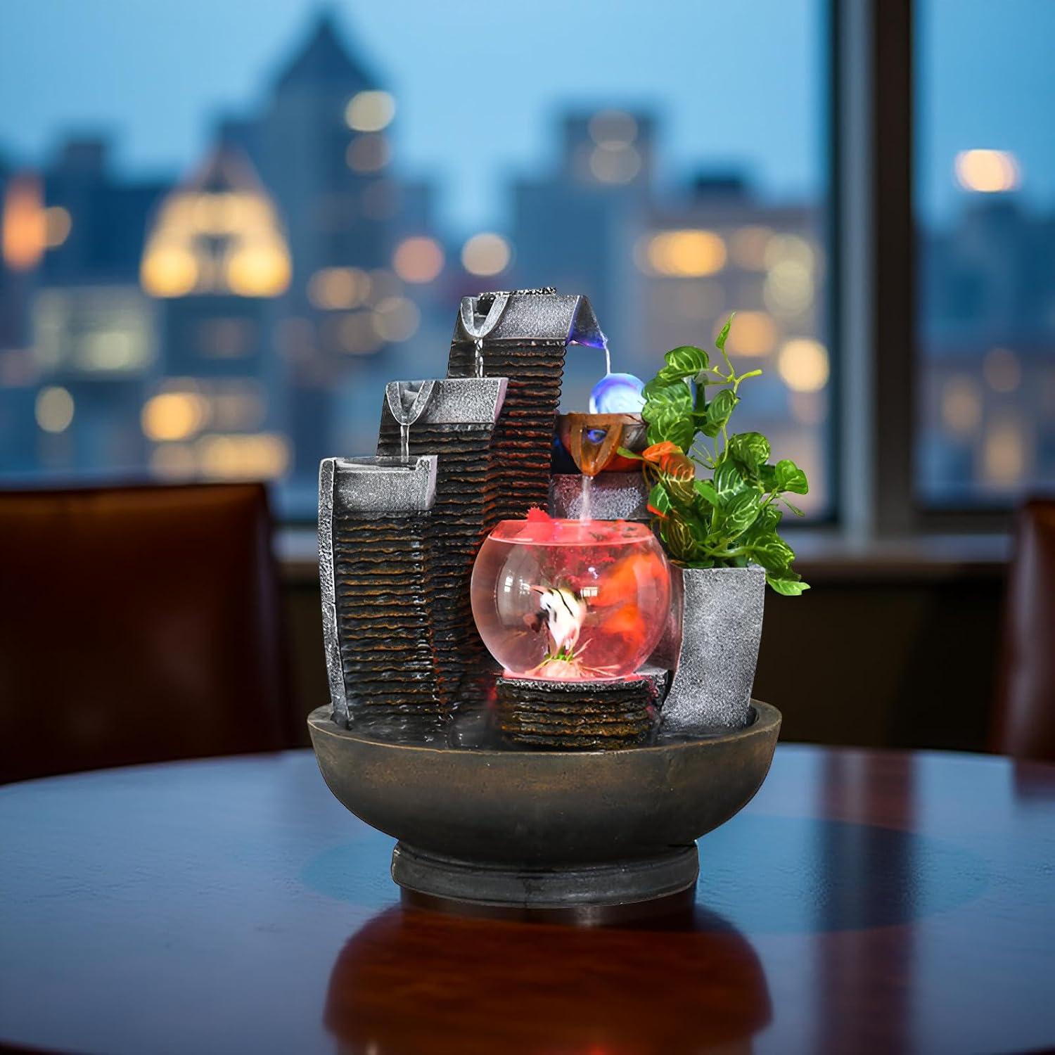 16.93' Indoor Tabletop Fountain with LED Fish Tank, Lighted Crystal Ball & Free 10 Natural Crystals – Water Feature for Home, Office, Entryway & Housewarming Gift (Fish Tank)