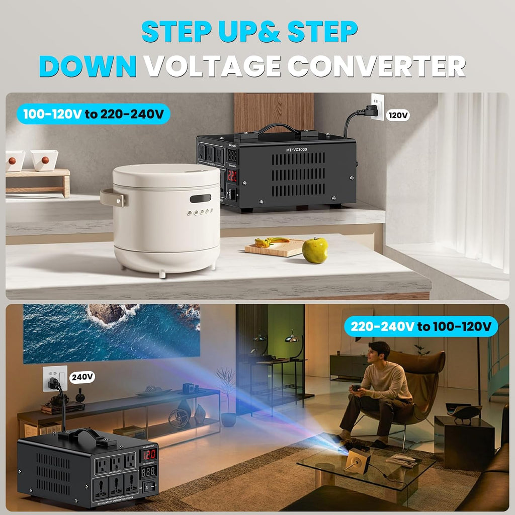 3000W Voltage Converter Transformer(110V to 220V or 220V to 110V) Step Up/Down Converter 110/120 Volt - 220/240 Volt w/US Power Cord,Circuit Breaker Protection, LCD Screen Display