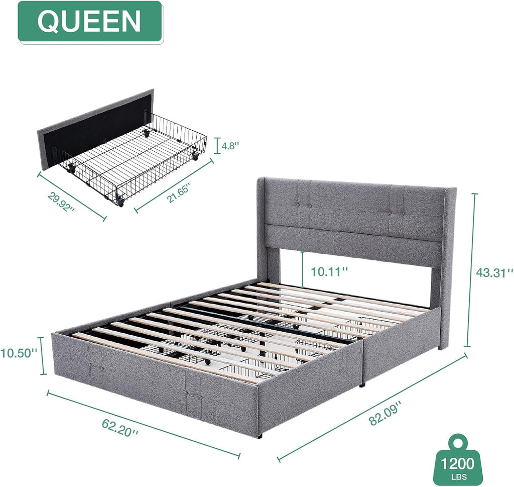 Novilla Upholstered Queen Size Bed Frame Platform with 4 Storage Drawers and Fabric Headboard, Non-Slip and Noise-Free Queen Bed Frame, Strong Wooden Slats, No Box Spring Needed, Grey