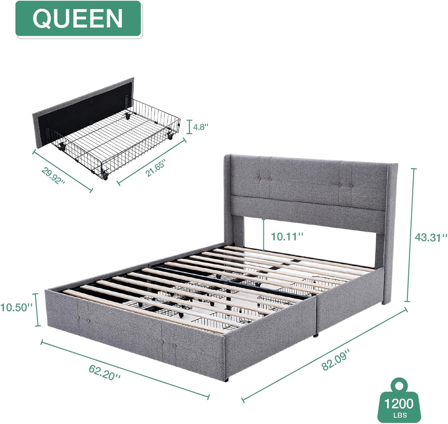 Novilla Upholstered Queen Size Bed Frame Platform with 4 Storage Drawers and Fabric Headboard, Non-Slip and Noise-Free Queen Bed Frame, Strong Wooden Slats, No Box Spring Needed, Grey