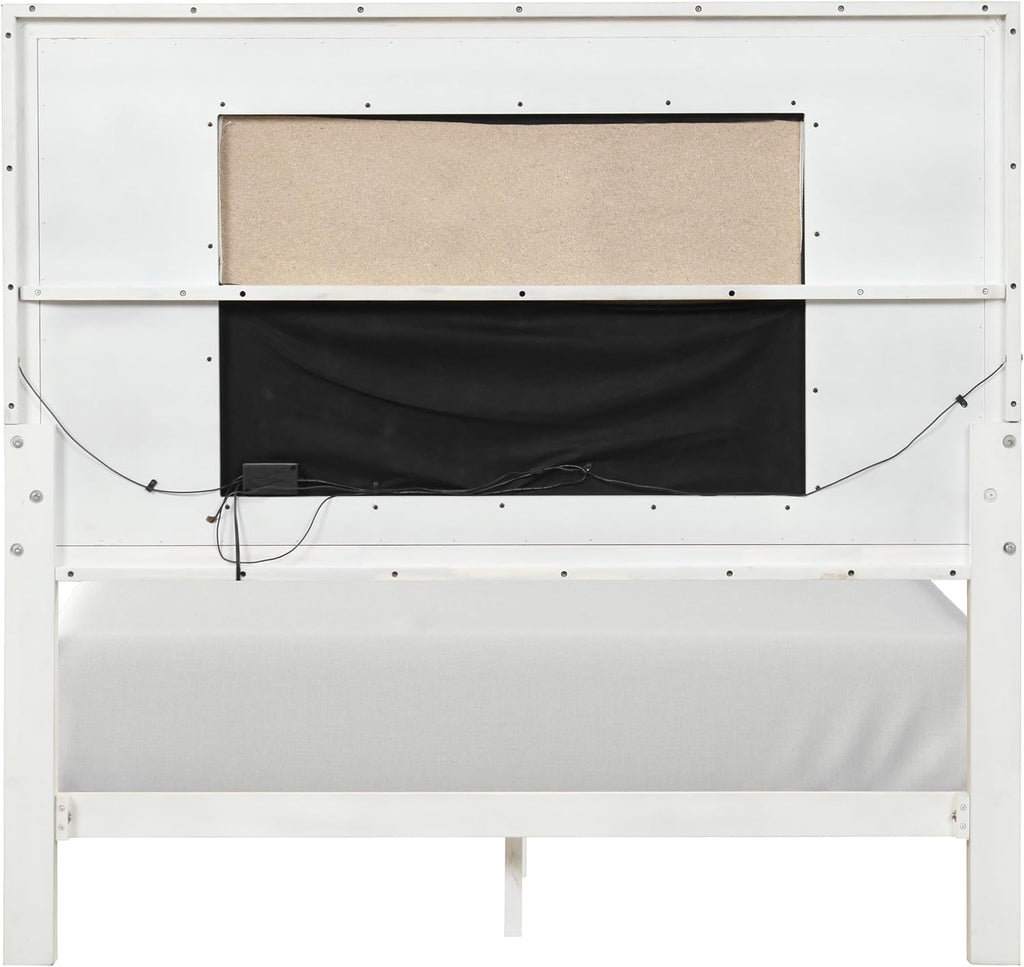 Furniture of America Oberlin Modern Solid Wood 5-Piece Bedroom Set with LED on Padded Fabric Headboard, Vertical Channel Tufting, Chrome Finger Pulls, Box Spring Needed, King, Antique White