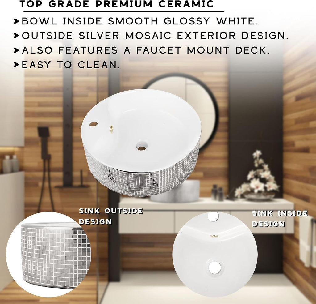 Strictly Sinks 18 Inch Round Silver Vessel Sink - Modern Ceramic Countertop Bathroom Sink with Faucet Mount and Overflow – Easy to Install Above Counter Luxurious Bathroom Vessel Sink