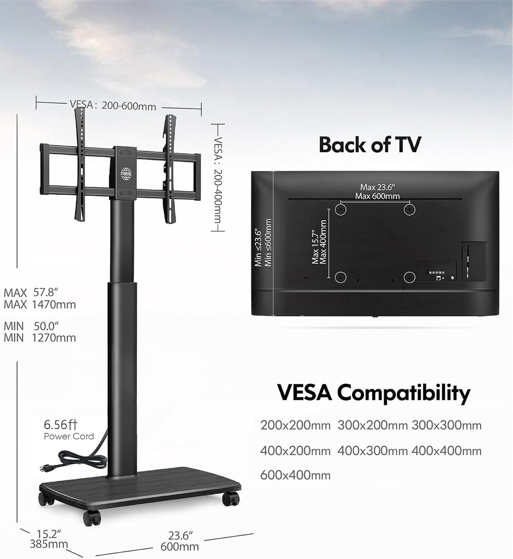 FITUEYES Rolling TV Stand with Power Outlets, Swivel Portable TV Stand for 32-70 Inch LCD LED OLED Flat/Curved Panel Screen TVs, Height Adjustable&Wood Base, Mobile TV cart Holds up to 88Lbs, Black