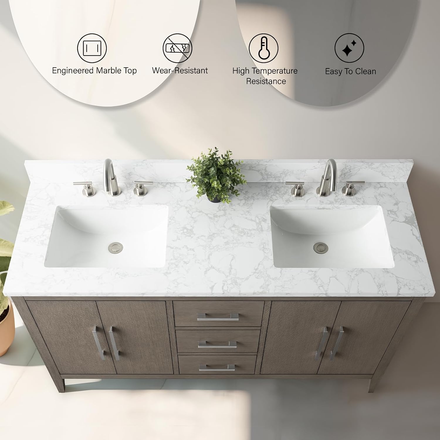 Vanity Art 60 inch Bathroom Vanity with Double Sink & Ceramic Top, Vanity Cabinet with Soft-Closing Doors, Drawers, Solid Wood Frame, Driftwood Gray, VA9060-DDG-GB1