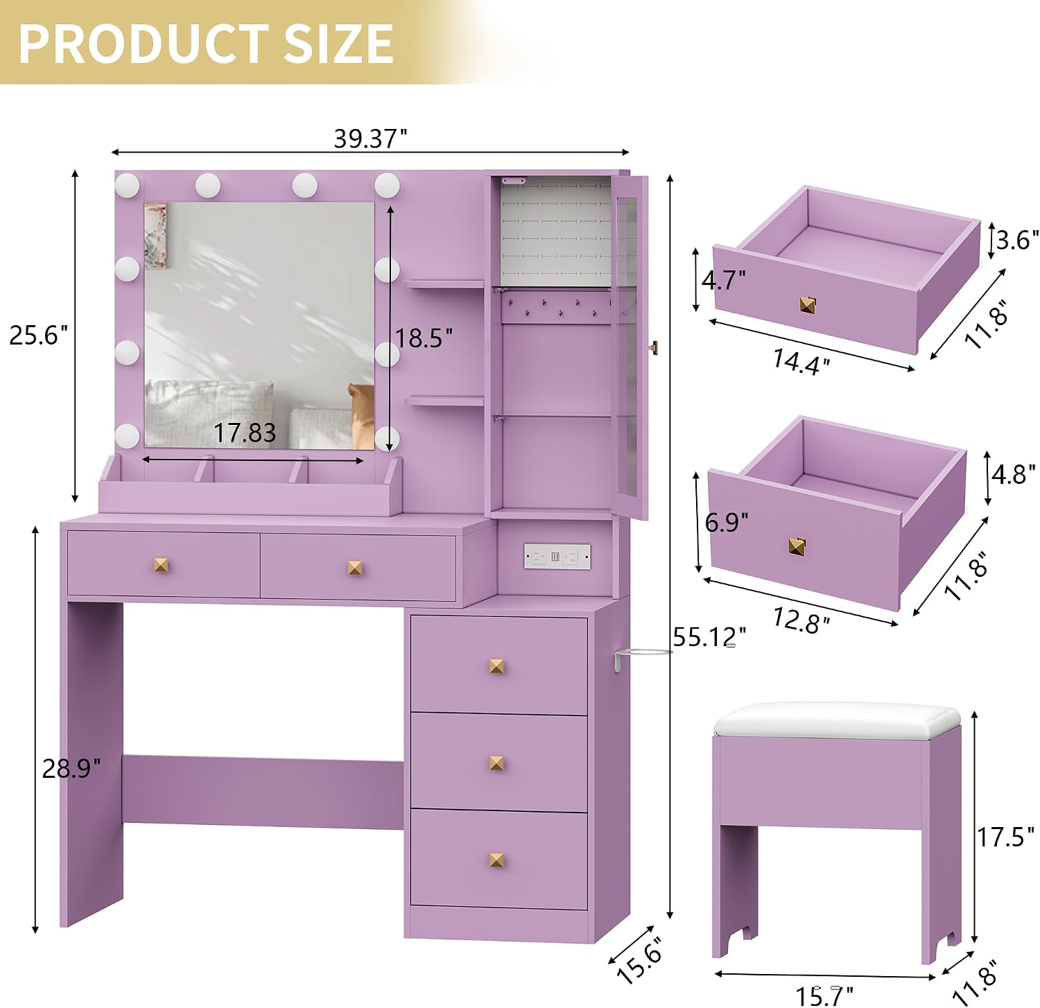 Vanity Desk with Mirror and Lights, Makeup Vanity Table Set with 5 Storage Drawers, Power Outlet & Chair, Small Dressing Table with RGB Ambient Light, Adjustable Brightness for Girls Bedroom, Purple