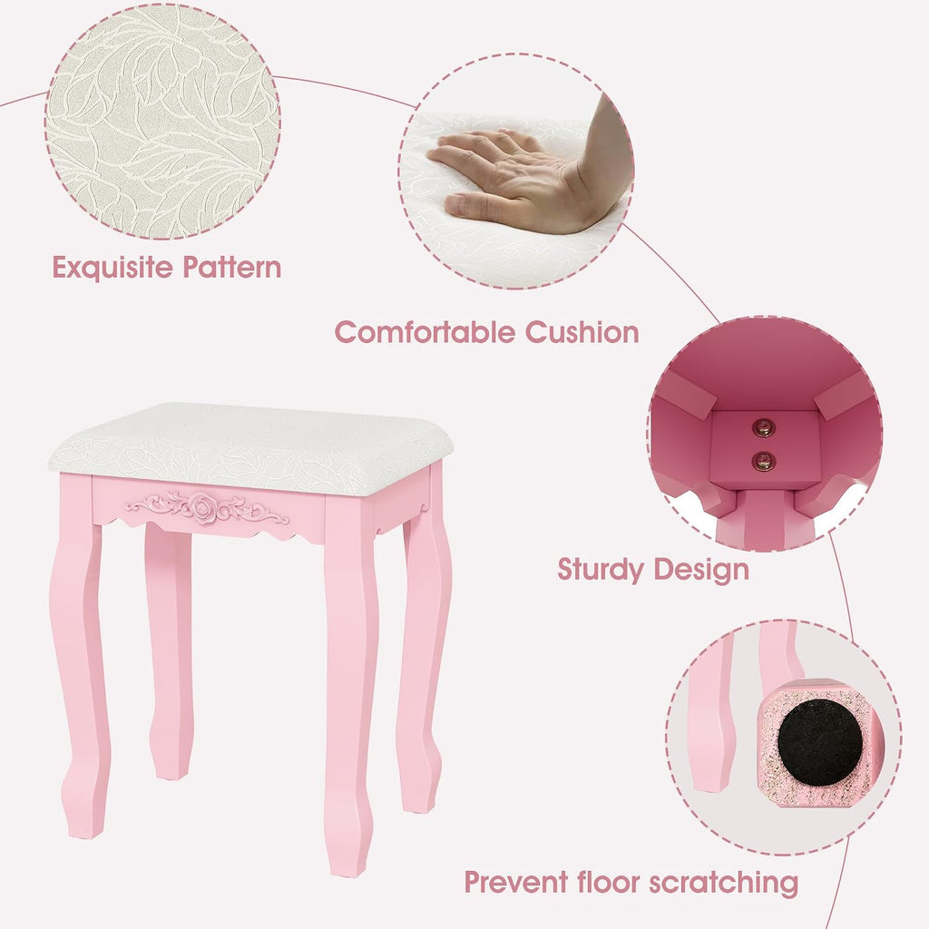 Vanity Desk with Mirror and Lights, Modern Vanity Makeup Table and Cushioned Stool Set with 4 Drawers, 3 Color Lighting Modes with Adjustable Brightness, Dressing Table Set for Bedroom (Pink Vanity)