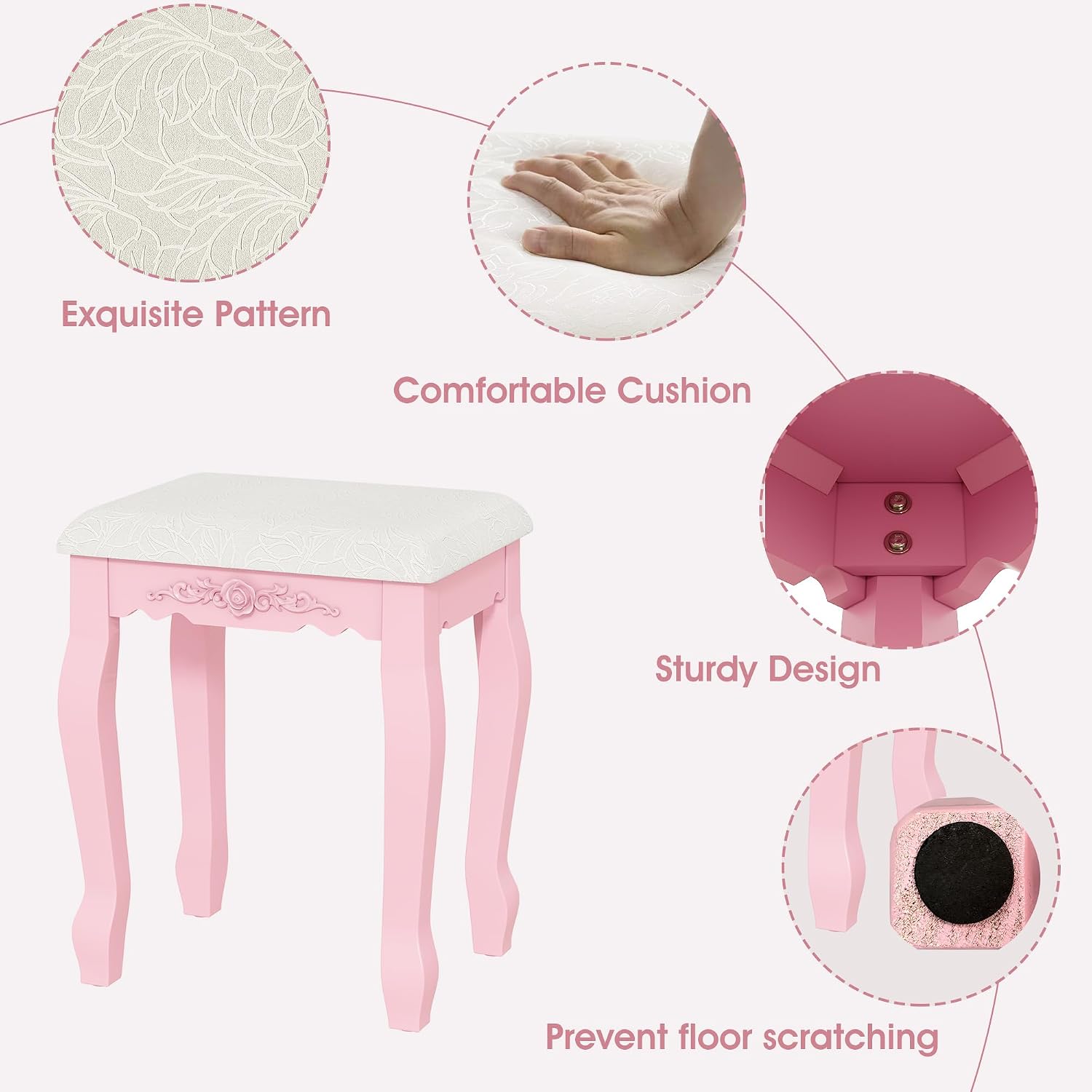 Vanity Desk with Mirror and Lights, Modern Vanity Makeup Table and Cushioned Stool Set with 4 Drawers, 3 Color Lighting Modes with Adjustable Brightness, Dressing Table Set for Bedroom (Pink Vanity)
