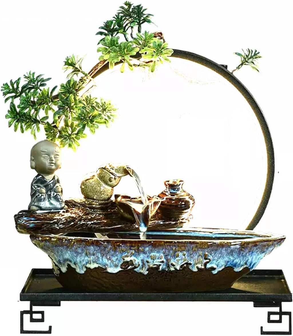 Tabletop Fountain Indoor Relaxation Desktop Fountain Waterfall Ceramic Tabletop Water with Black Metal Base and LED Light Zen Relaxing Feature Interior Spa Yoga Decoration
