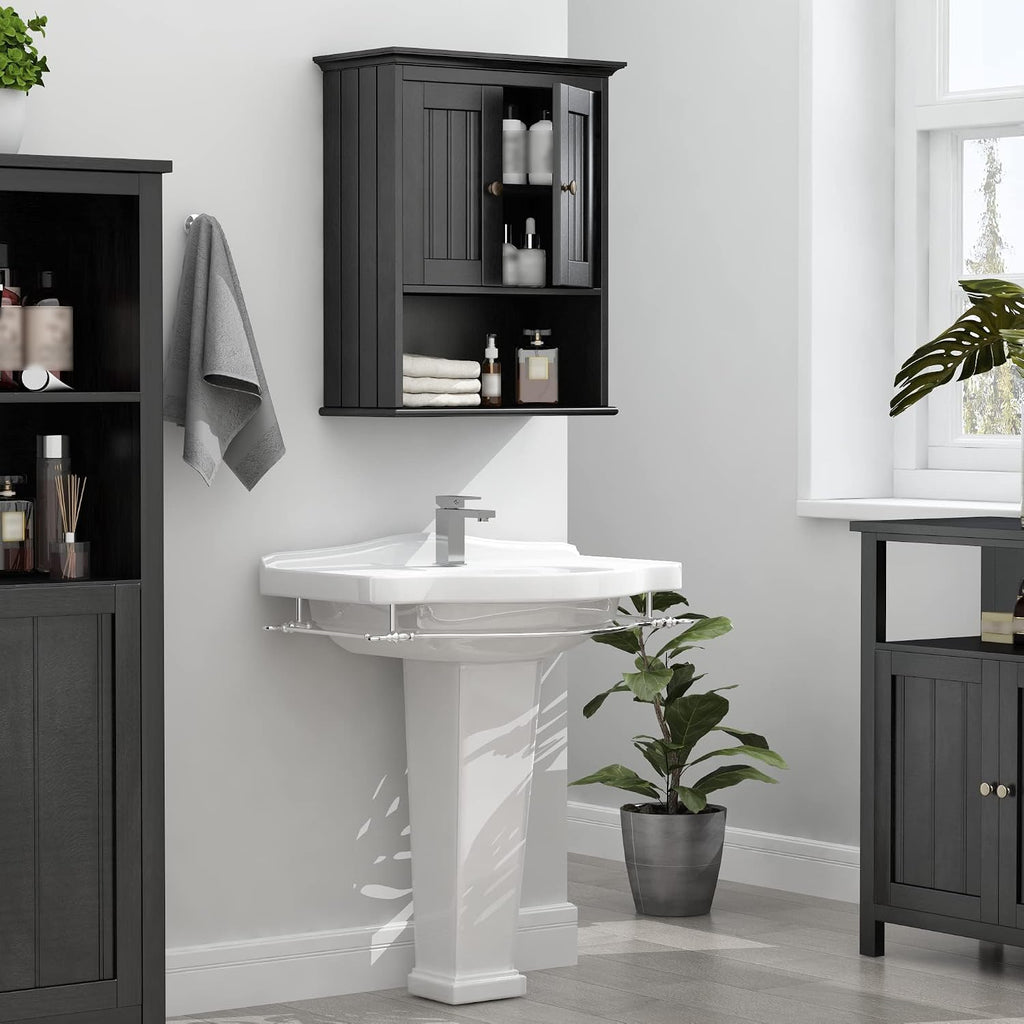 Treocho Wood Wall Cabinet Bathroom Medicine Cabinet Storage with Doors and Adjustable Shelf Wall Mount for Bathroom, Livingroom, Kitchen, Cupboard, Black
