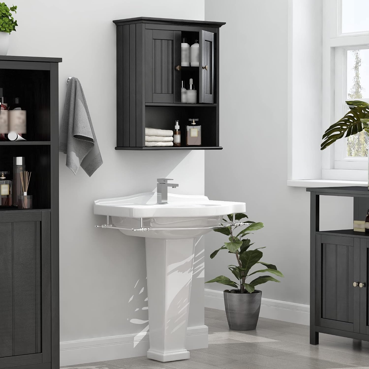 Treocho Wood Wall Cabinet Bathroom Medicine Cabinet Storage with Doors and Adjustable Shelf Wall Mount for Bathroom, Livingroom, Kitchen, Cupboard, Black