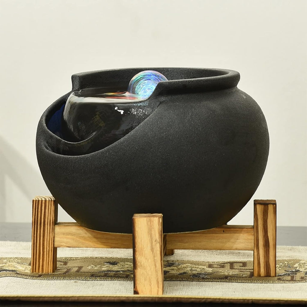 Desktop Fountain Ceramic Tabletop Fountain Home Decor Office Patio Pot for Indoor Use, Black